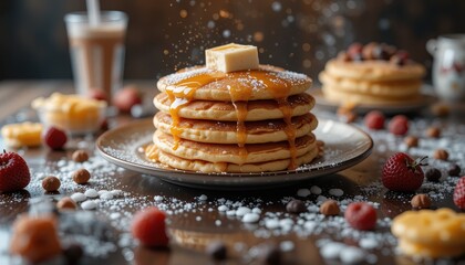 Delicious Buttery Pancakes Stack Drizzled with Sweet Honey Syrup and Powdered Sugar