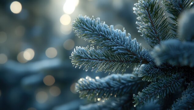 Close up of a pine tree branch with vibrant water drops
