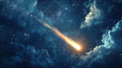 A bright meteor streaks across the dark night sky with stars