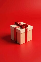 Obraz premium A Light Wooden Gift Box with a Crimson Ribbon Bow on a Red Background