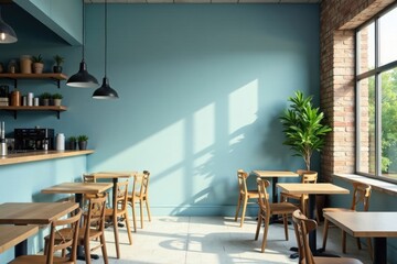 Fototapeta premium Serene Cafe Interior with Light Wooden Tables and Chairs, Pastel Walls, and Sunlit Window
