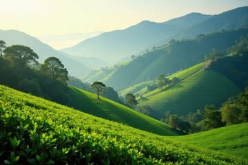 Fototapeta premium Serene Rolling Hills of Lush Greenery with a Gentle Slope and Winding Path Under a Soft Morning Light