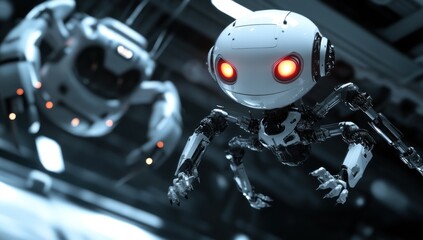 Fototapeta premium Two small robots, one spider-like, in a futuristic setting.