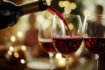 A person is carefully pouring red wine into a glass at a lively bar