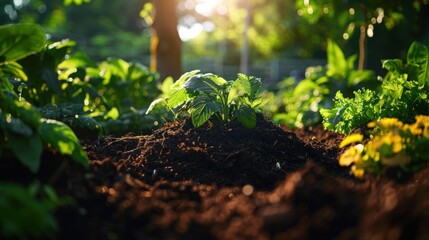 Vibrant Green Plants Growing in a Lush Garden at Sunrise