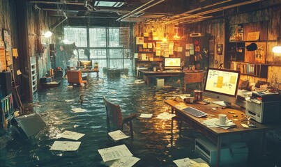 Flooded office, rain outside, documents submerged, disaster scene, insurance claim
