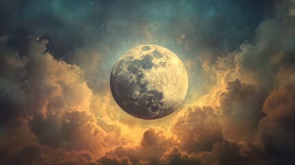 Obraz premium A beautiful full moon is surrounded by glowing clouds in the sky