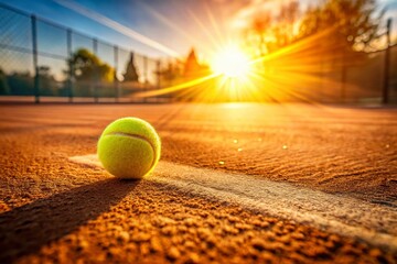 Tennis Ball Rolling on Clay Court, Bright Sunlight, Sports Action Photography