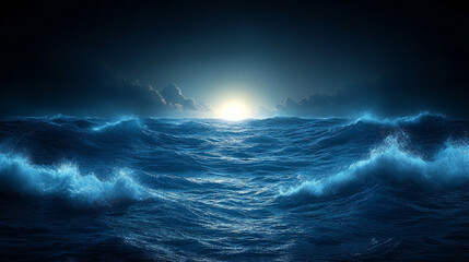A mesmerizing night fantasy seascape with glowing futuristic waves, backlit in a modern, surreal setting, evoking a sense of wonder and innovation.

