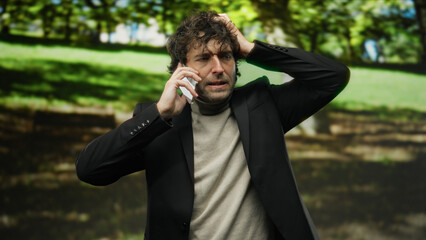 Young man talking on phone outdoors in park setting, appearing worried with hand on head, wearing...