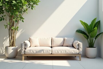Serene Living Room with Minimalist Sofa and Lush Greenery in Soft Sunlight