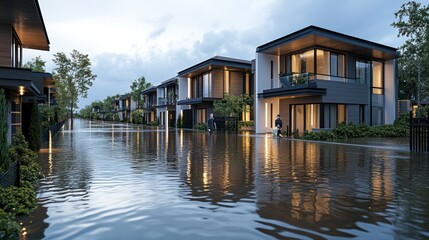 Flooded suburban street, people walking, evening light