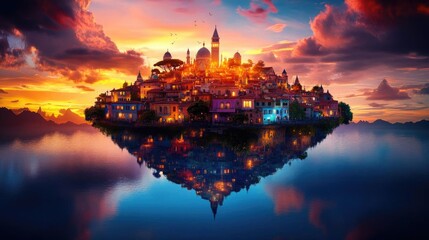 Naklejka premium Sunset's Embrace: Island City's Golden Hour Reflection