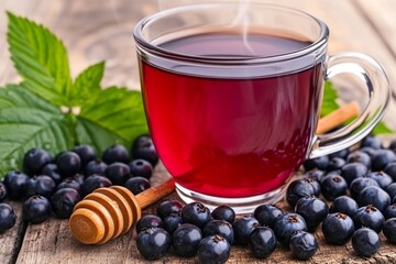 A steaming cup of blackcurrant herbal tea with a cinnamon stick and honey on the side