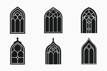 Islamic window silhouette icon bundle set in black and white isolated flat vector illustration for eid celebration
