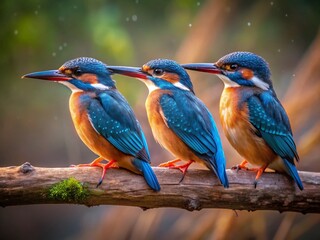Fototapeta premium Three Common Kingfishers Perched on Branch, Low Light Bird Photography
