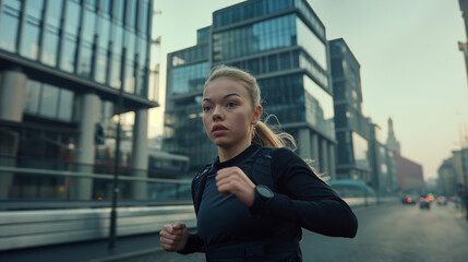 Fototapeta premium Woman running through city streets in athletic wear.