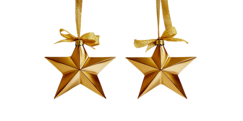 Set of two hanging golden star-shaped decorations with ribbon and bow, isolated on a transparent background