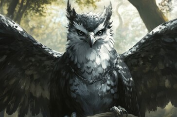 Fototapeta premium Majestic Owl with Outstretched Wings in a Mystical Forest Setting Captured in Stunning Detail and Vivid Colors