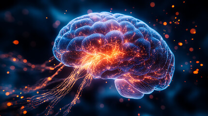 Fototapeta premium close up of human brain, neurons firing, neural extensions, cognitive learning plasticity. illustration AI generative.