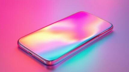 Futuristic smartphone with a sleek, bezel-less design and a vibrant iridescent display, reflecting neon pink, blue, and gold hues in a modern aesthetic