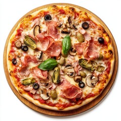 Vibrant 8K topdown view of Pizza Capricciosa