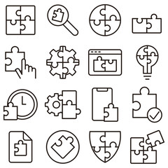 Puzzle icon set. Includes of solution, teamwork, business, piece, strategy, game, and More. Outline icons vector collection