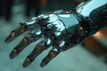 Futuristic robotic hand with a sleek, reflective metallic surface and intricate mechanical details, creating a high-tech and cybernetic aesthetic