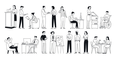 Set of diverse business people, men and women of different ages and body types in office suits. Inclusive. Isolated on white. Doodle style