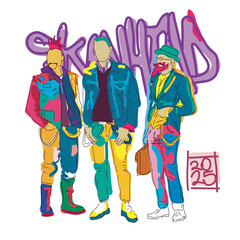 illustration features three people with vibrant street wear, embodying the skinhead culture. Their bold, colorful outfits reflect a mix of modern and retro style, 