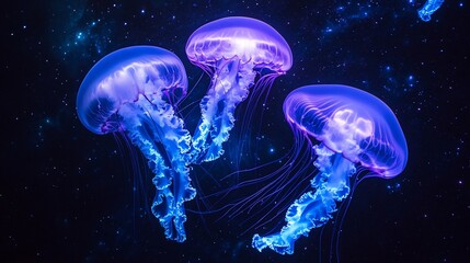 Naklejka premium Glowing jellyfish swim aquarium cosmos background