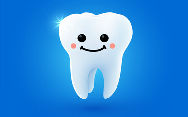 Tooth with happy cartoon face isolated on blue background. Dentistry concept.