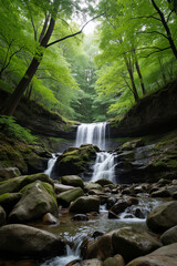  A serene waterfall cascades over moss-covered rocks in a dense