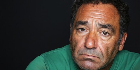 Obraz premium A man with a contemplative look sits in front of a dark backdrop, displaying emotions of sadness and introspection. His expression evokes a sense of deep reflection