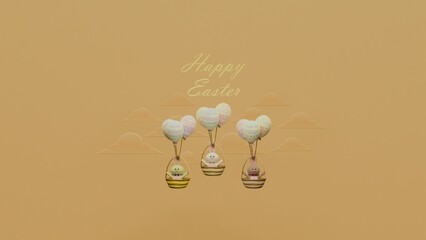 Easter bunnies in a hot air balloon with decorated eggs on a pastel background