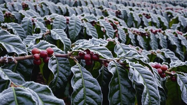 close-up view of coffee beans growing on a coffee tree with large green leaves and a hint of frost or dew