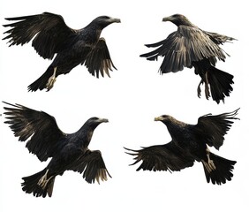 Obraz premium Dramatic Capture of Four Black Raptors in Flight Showcasing Majestic Wings and Strong Beaks Against a Clean White Background