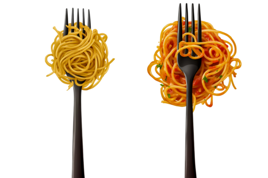 Spaghetti on two different forks, isolated on a transparent background.
