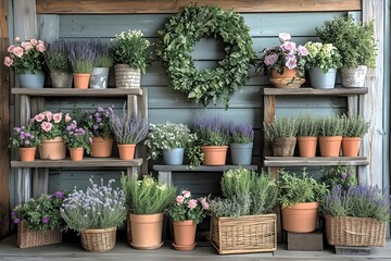 Rustic garden center display with potted herbs, flowers and eucalyptus wreath against blue wooden wall
