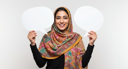 Fototapeta premium Smiling Woman in Hijab Holding Speech Bubbles