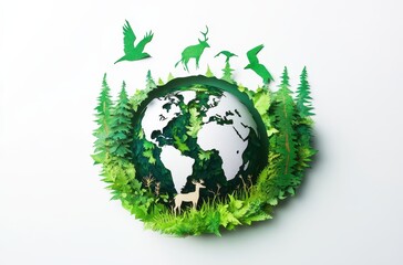 Eco-friendly concept featuring intricate paper cutout globe surrounded by vibrant greenery, showcasing wildlife, trees, and a harmonious connection to nature.