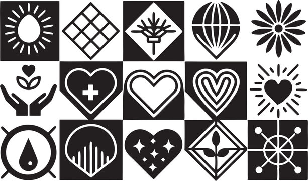 Celtic symbol set with black and white vector icons featuring hearts, patterns, and decorative elements