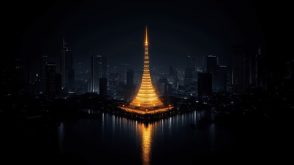 Naklejka premium Glowing Tower Reflects on Water in Nighttime Cityscape