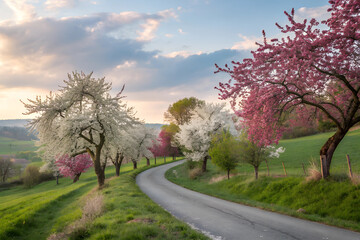 Obraz premium Scenic Spring Road with Blossoming Trees – Travel and Seasonal Beauty