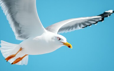 Majestic Seagull in Flight with Blue Sky Background Highlighting Its Vibrant Features and Graceful Wingspan
