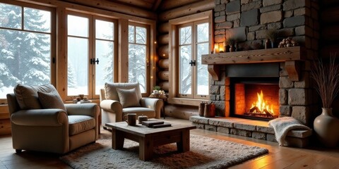 Cozy cabin interior with a crackling fireplace, soft furnishings, and expansive windows overlooking a snow-covered winter landscape.