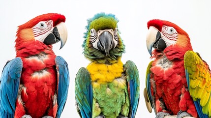 Fototapeta premium Three macaws posing, studio shot, white background, pet bird photography