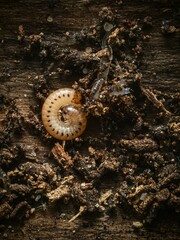 A lone barrel millipede in wood debris with transparent larvae 