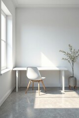Fototapeta premium Minimalist Home Office Workspace with White Desk and Chair, Sunlight Streaming Through Window, and Simple Plant Decor
