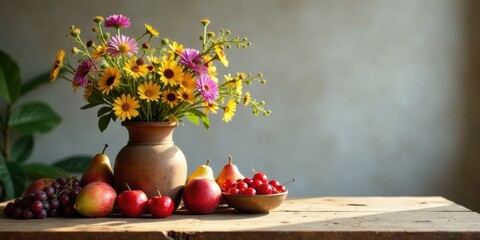 Rustic Still Life Featuring a Ceramic Vase of Vibrant Yellow and Purple Flowers, Accompanied by a Selection of Fresh Fruit Including Pears, Apples, and Cherries on a Weathered Wooden Table
